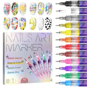 12 färger nagelpennor – 0,5 mm fin spets, långvarig & lätt att använda 💅🎨