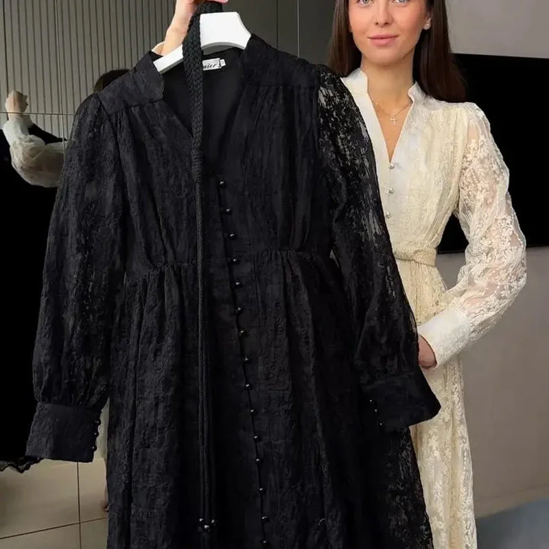 💥Hett tips💥50% OFF✨✨Vintage broderad klänning med lanternärmar - Bild 4
